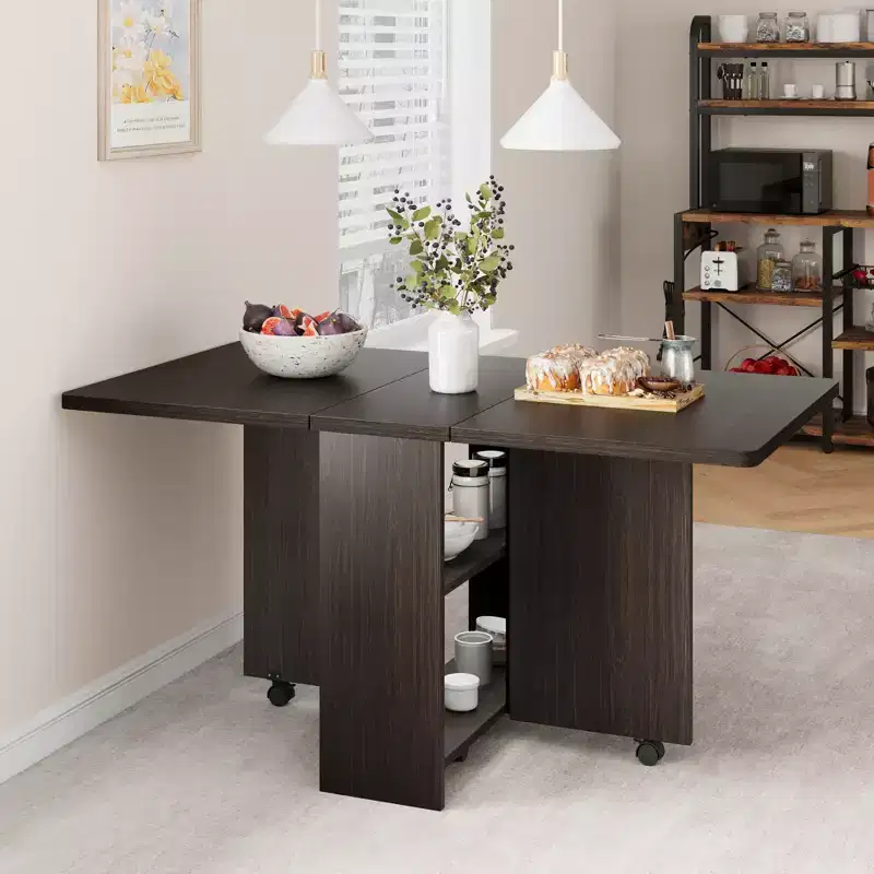 Folding Dining Table for Kitchen, Space Saving Dining Table with Storage Shelf, Expandable Kitchen Drop Leaf Table for Small Space
