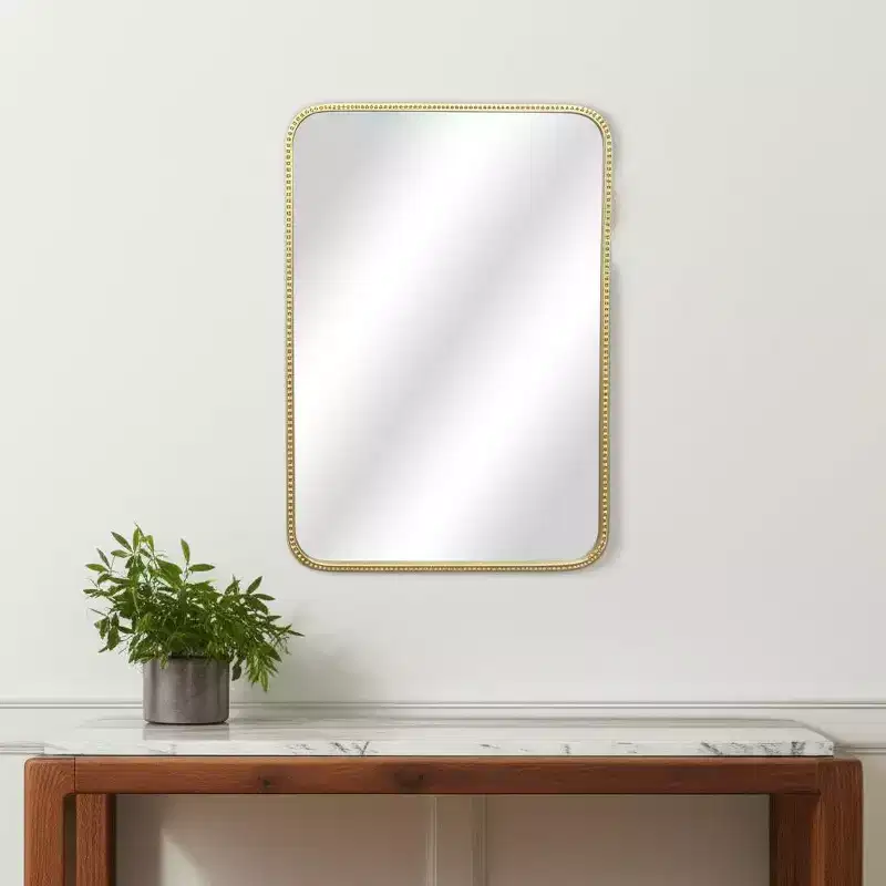 32-Inch Gold Metal Beaded Arch Accent Mirror - Wall Hanging Decor for Living Room, Bedroom & Hallway