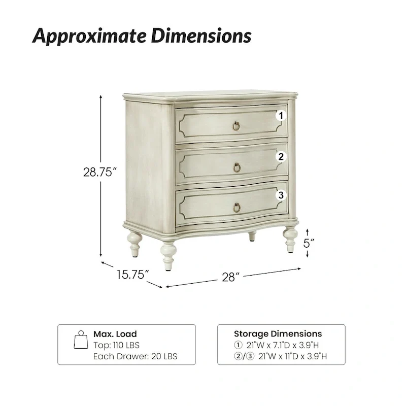 Traditional 3-Drawer Nightstand with Solid Wood Spindle Legs, 2