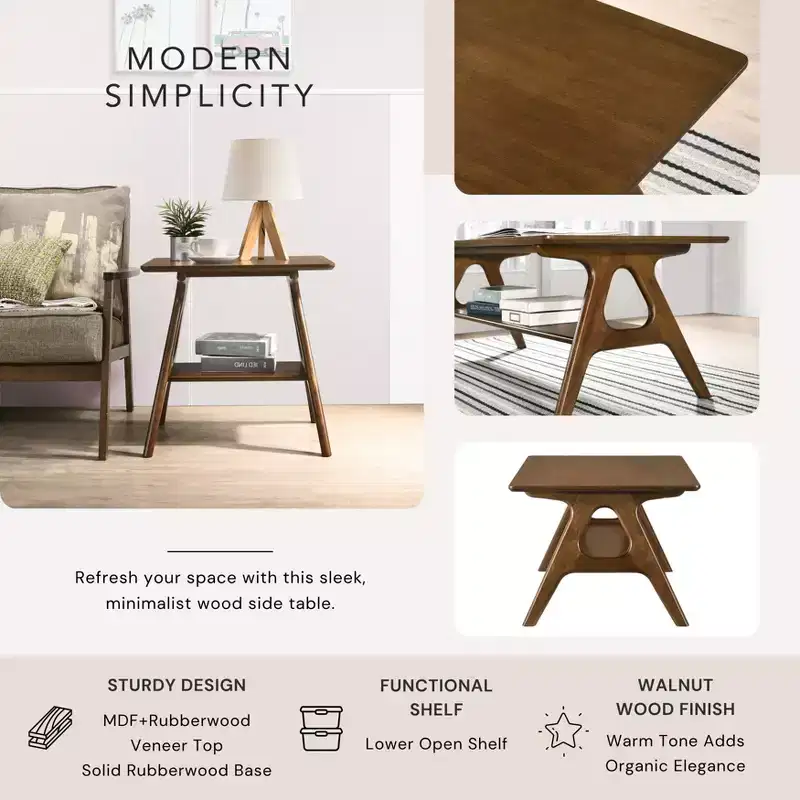 Roundhill Furniture Arona Mid-Century Modern Wood Shelf End Table