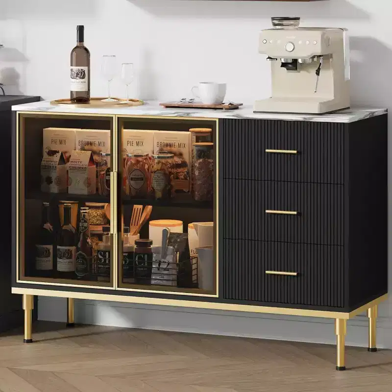 46.4 Buffet Sideboard Cabinet with Storage, 2 Glass Doors 3 Drawers and Shelves, Marble Top Kitchen Sideboard Cabinet for Dining Room
