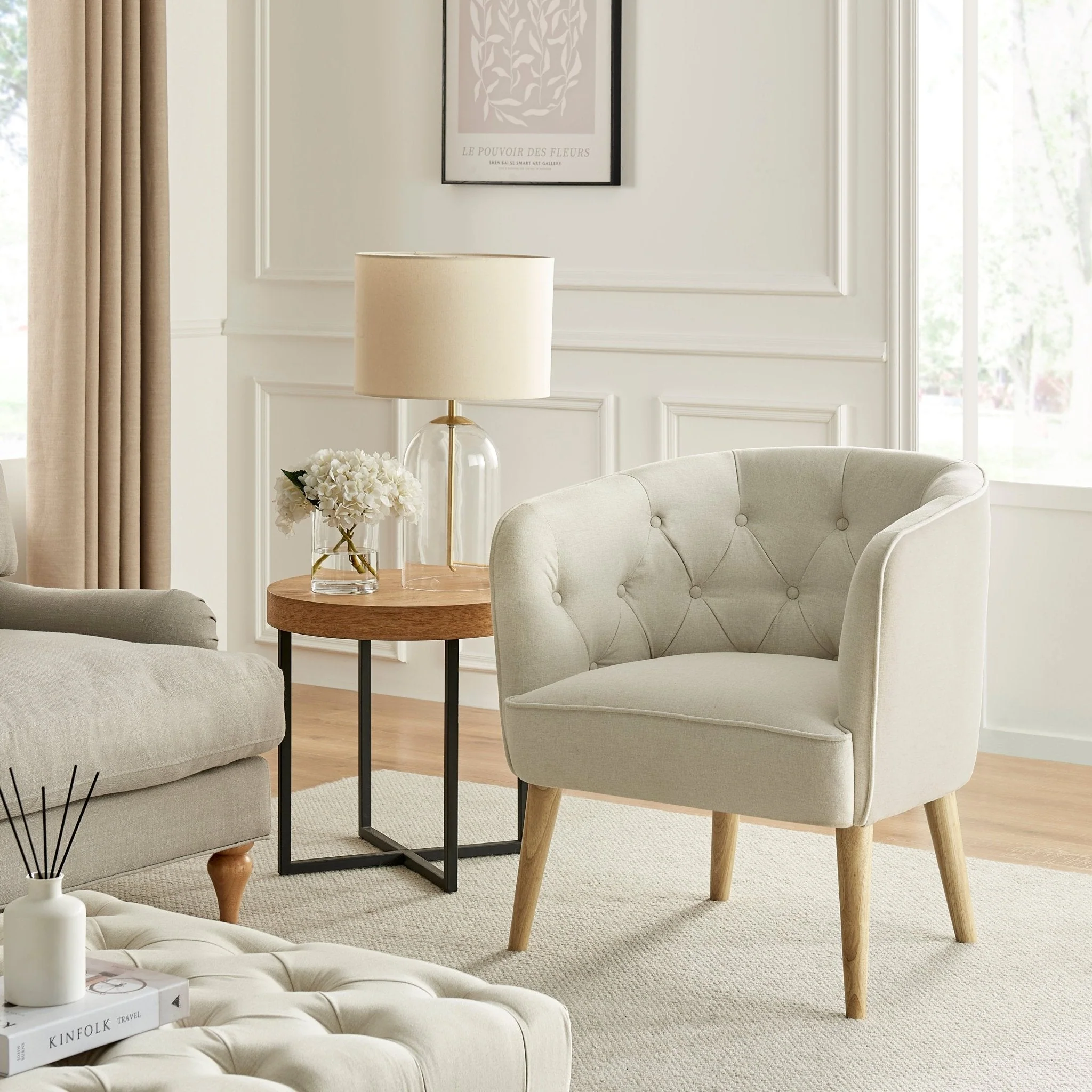 Scandi Natural Linen Accent Chair with Classic Wooden Frame for Living Room
