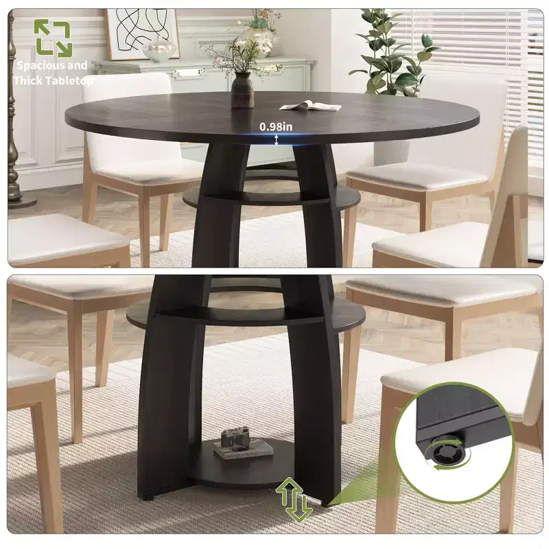 Space-Saving 47 Round Dining Table for 4-6, Storage Shelf, Adjustable Feet, Easy to Clean Surface