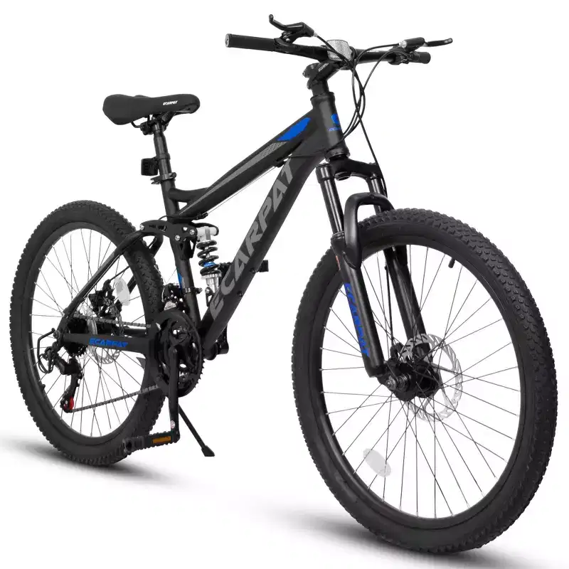 Okak 24 Inch Carbon Steel Mountain Bike with Full Suspension, Mens Bike with 21 Speed Shifter Lever and Disc Brakes, Bicycle for Kids&Adults