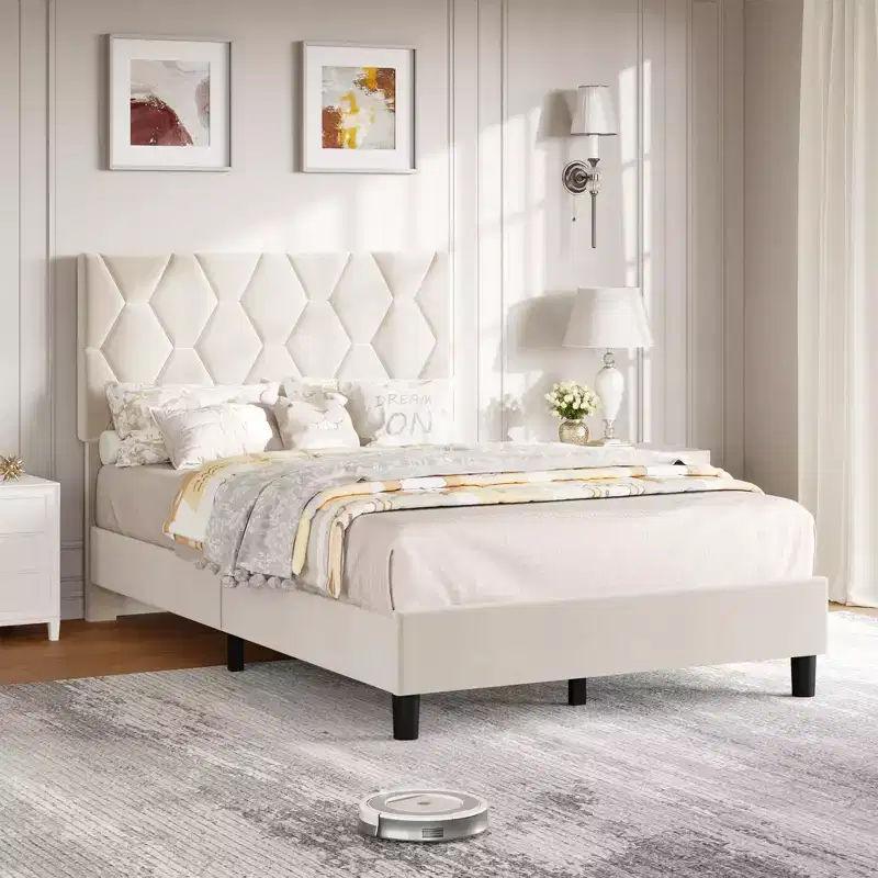 Garvee Upholstered Bed, Heavy-Duty Platform w/Wood Slats, No Box Spring/Noise-Free/Easy Assembly