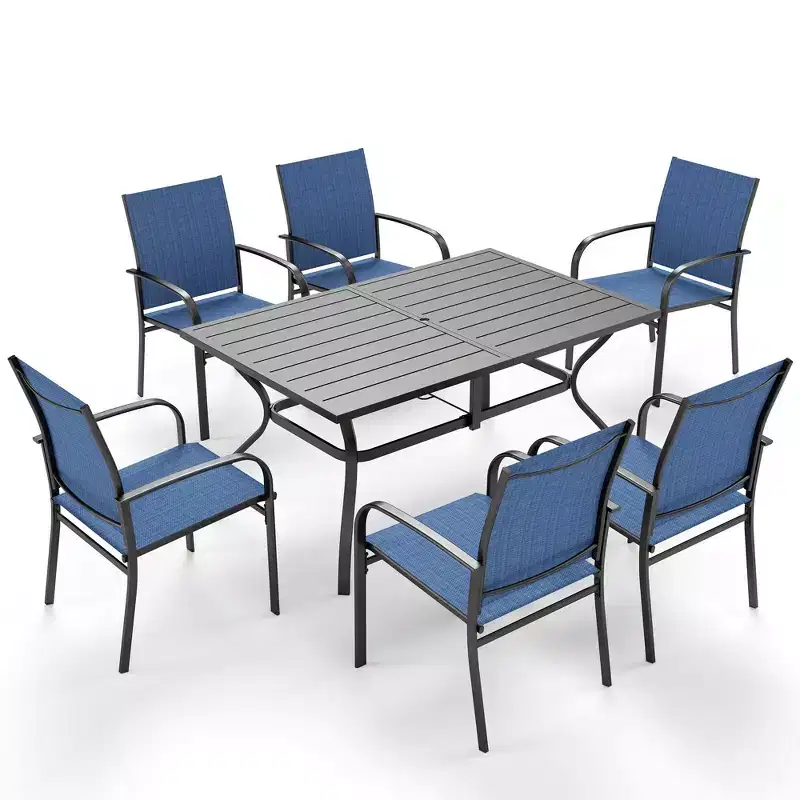 Captiva Designs 7pc Patio Dining Set with Slat-top Rectangle Table & Sling Fixed Chairs