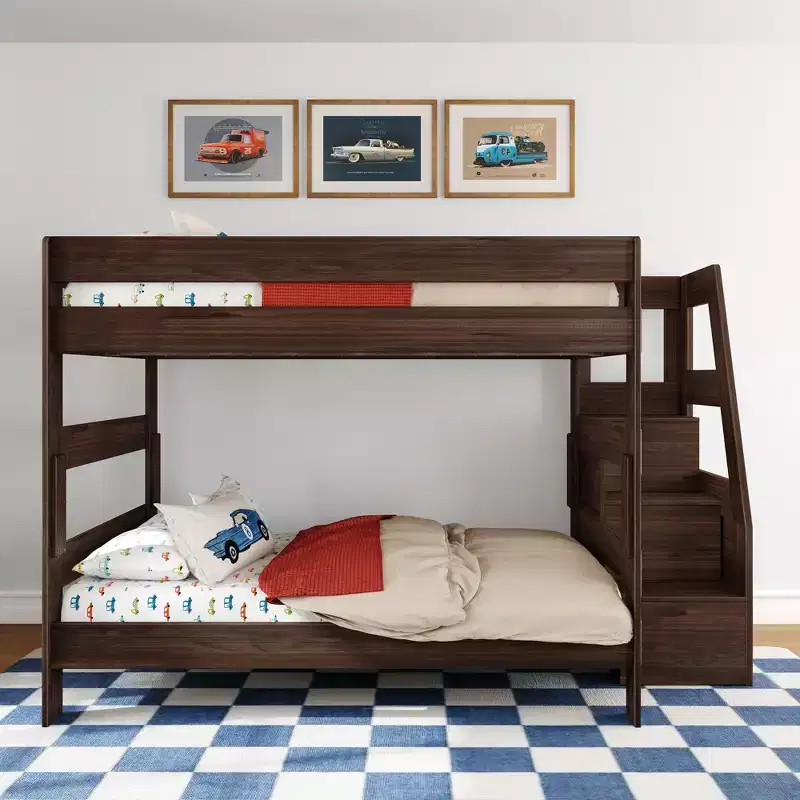 Modern Farmhouse Queen Over Queen Bunk Bed with Staircase Solid Pine