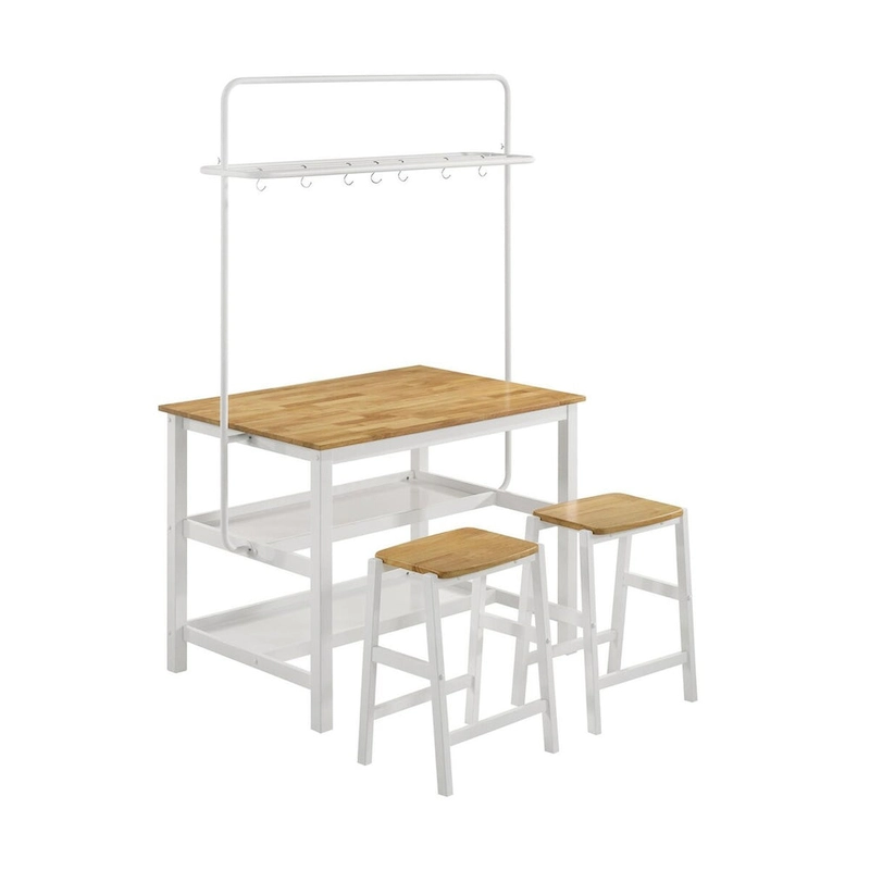 Prager Brown and White Kitchen Island Counter Table with Pot Rack
