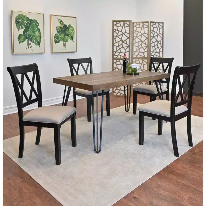 Roundhill Furniture Arroyo Dining Set, Hairpin Dining Table with 4 Cross-back Chairs, Rich Black, 5-Piece