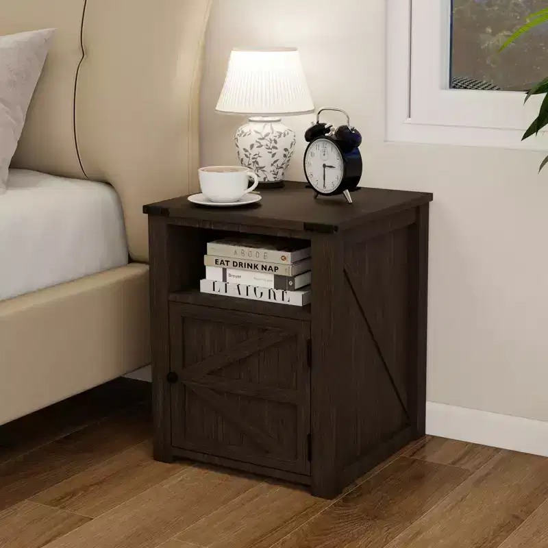 MUUEGM 24 Farmhouse End Table| Nightstand Bedside Table with Charging Station and Door &Storage Shelf