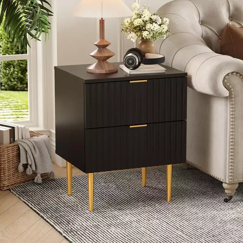 2PCS Modern Nightstand with Charging Station, 2 Drawers & Wood Fluted Design | Gold Bedside Table for Bedroom, Living Room & Home Office