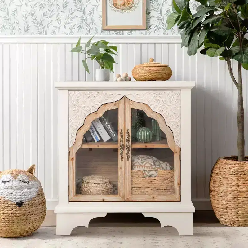 Vintage Hollow Carved 2-Door Wood Storage Cabinet with Glass Doors