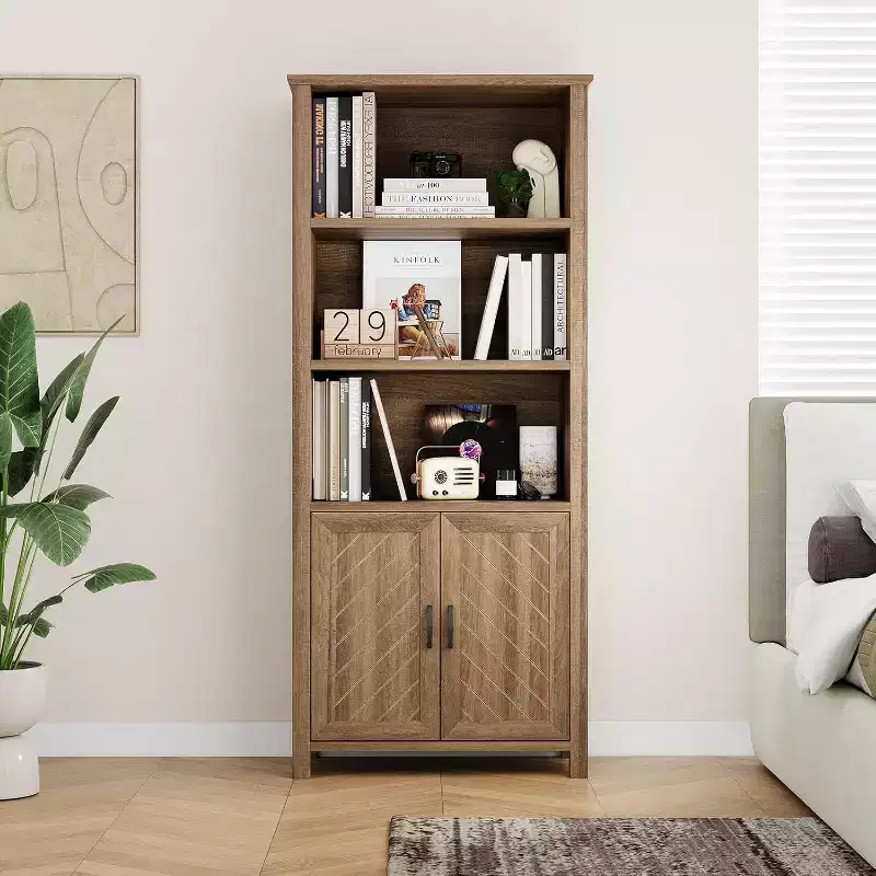 Tall Bookcase with Doors, 5-Tier Bookshelf with Adjustable Shelf, Book Shelf, Office Bookshelf with Storage Books Holder Organizer