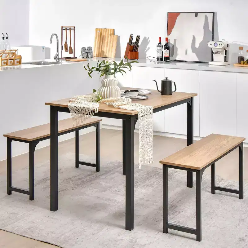 Costway Modern 3 PCS Dining Table Bench Set w/ Metal Frame & Wooden Tabletop