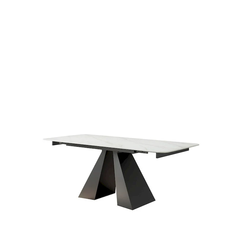 Rectangular Extendable Dining Table with Stone Top and Metal Base