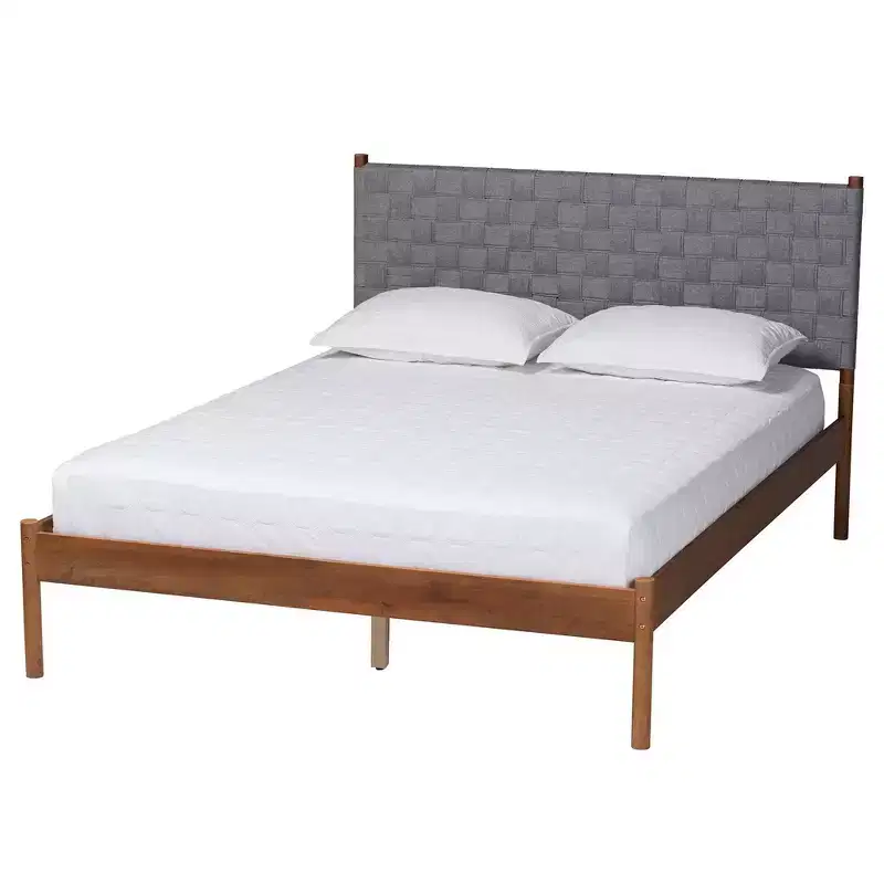Queen Size Platform Bed with Woven Fabric Headboard – Gray/Walnut Brown