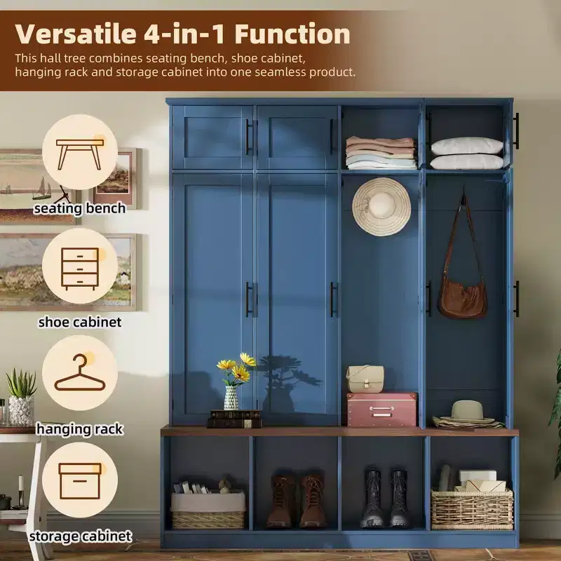 The Misty Moon Farmhouse Blue Hall Tree with 4 Hidden Hanging Hooks and Versatile Walnut Seating Bench with 8 Doors