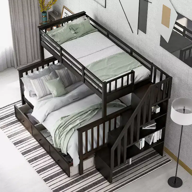 Twin-Over-Full Stairway Bunk Bed with Drawer, Storage and Guard Rail
