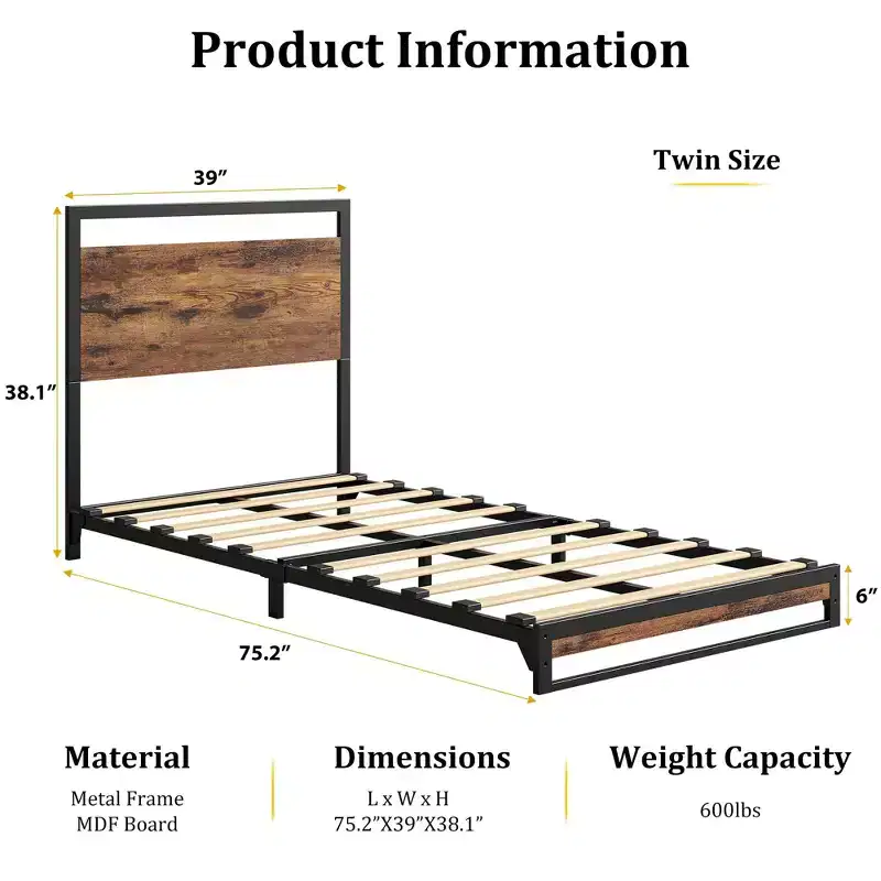 Metal Platform Bed Frame with Wooden Headboard and Footboard - Bed Frame Mattress Foundation, Easy to Assemble, No Noise
