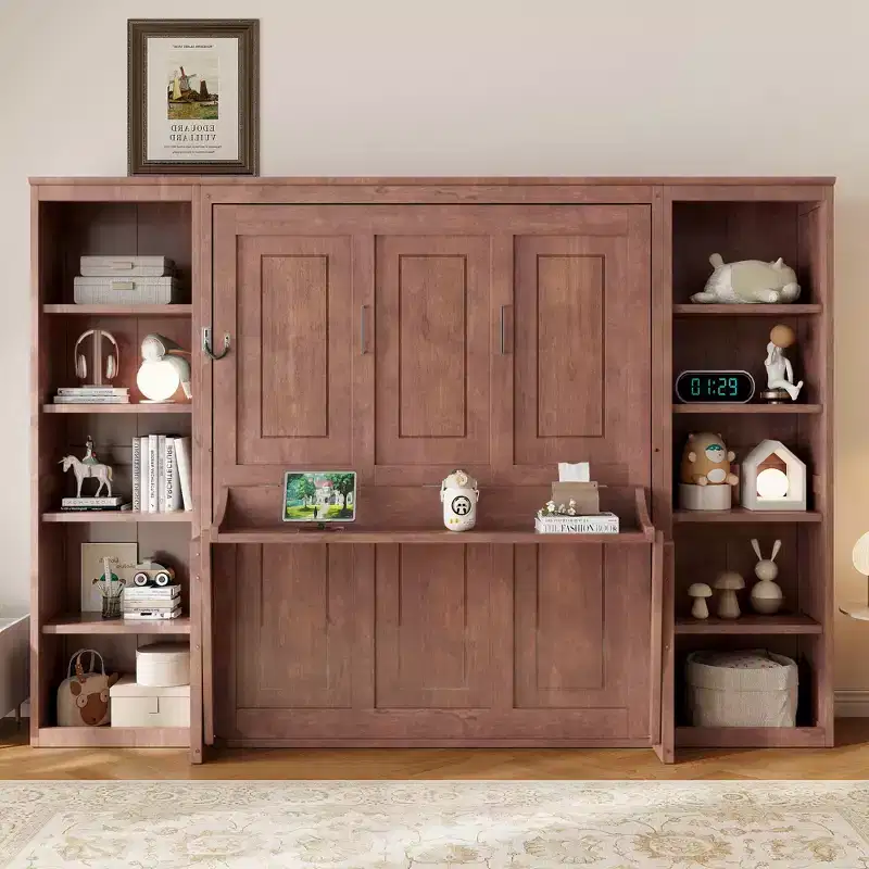 Full/Queen Size Murphy Bed Space-Saving Wall Bed with Desk and Bookshelf, Dark Brown - ModernLuxe