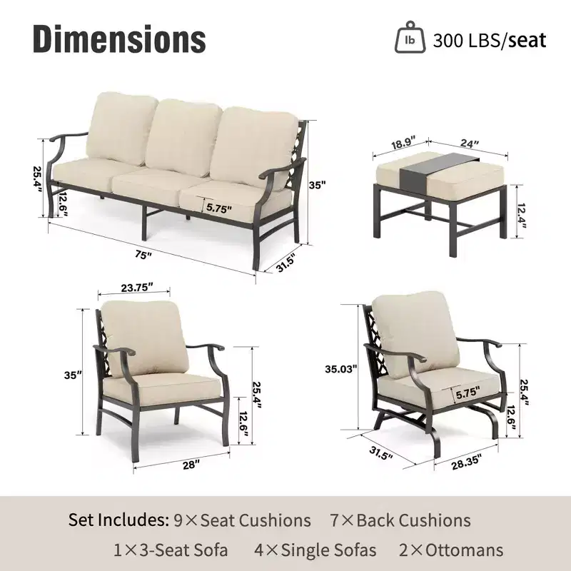 Captiva Designs 7pc Metal Patio Outdoor Conversation Set with Rocking Grid-back Chairs, Ottomans for Garden, Poolside, Backyard