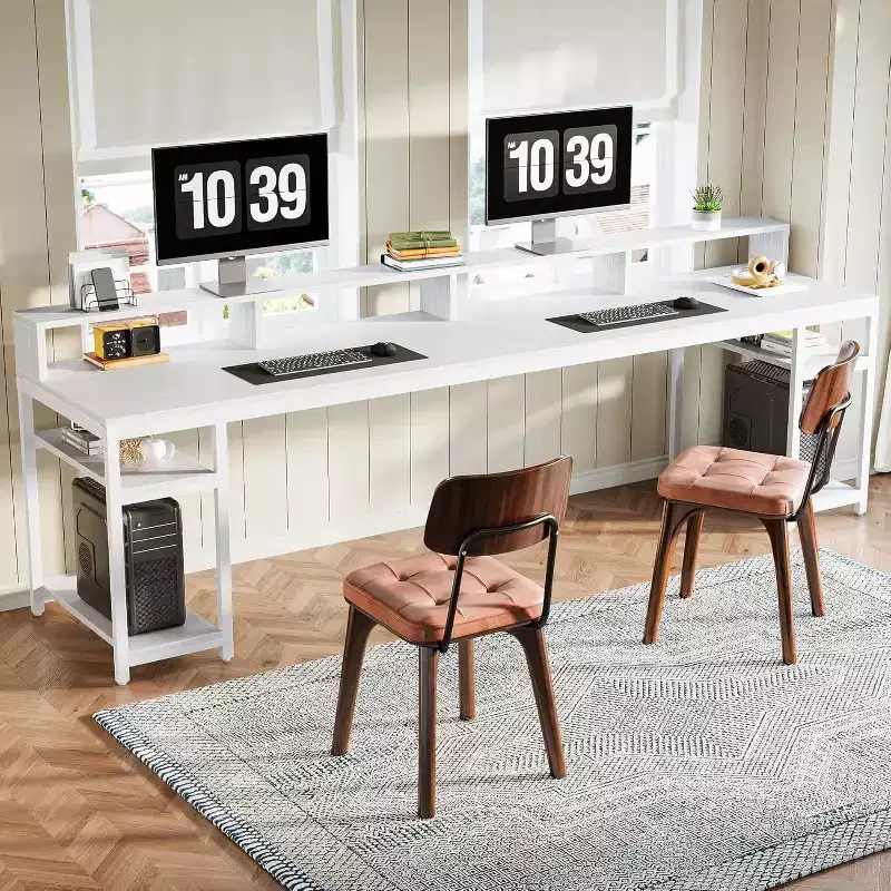 78.74 Inches Extra Long Two-Person Desk with Monitor Stand and Storage Shelves, White Study Work Table for Home Office