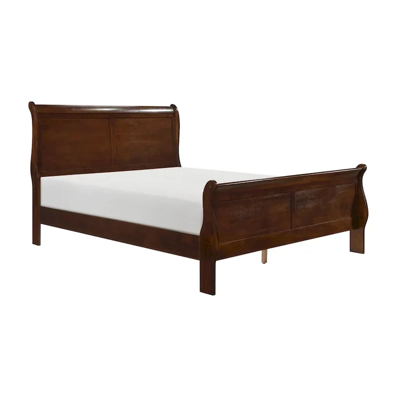 Traditional Queen Sleigh Bed, Wood Frame, Rich Brown Cherry Finish