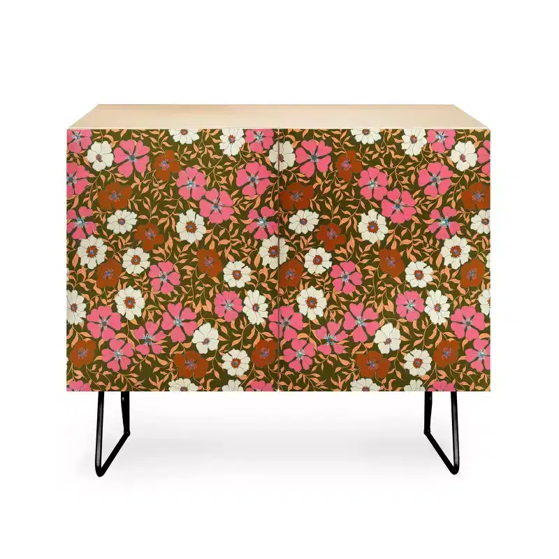 Floral Olive Credenza | Walnut Frame & Birch Surface | 2 Doors | 2 Adjustable Shelves