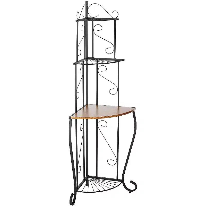 Kings Brand Furniture Adom 4-Tier Kitchen Storage Corner Bakers Rack with Walnut Wood Finish Shelf, Black