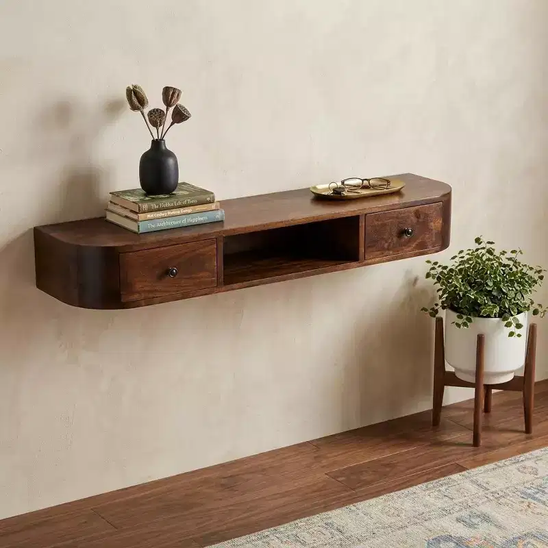 HomeRoots 43 Chestnut Solid Wood Floating Console Table With Shelf And Two Drawers