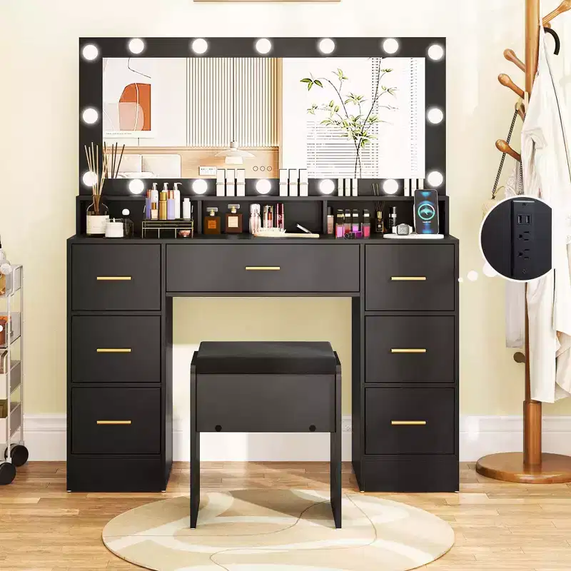 Makeup Vanity Desk with LED Mirror, Lights, Charging Station, 7 Drawers, Black/White
