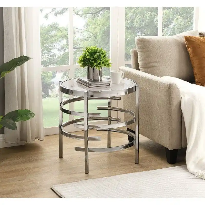 Grondin 20.67 Round End Table with Sintered Stone Table Top and Metal Frame, Modern Style Side Table with Non-Slip Foot Pads