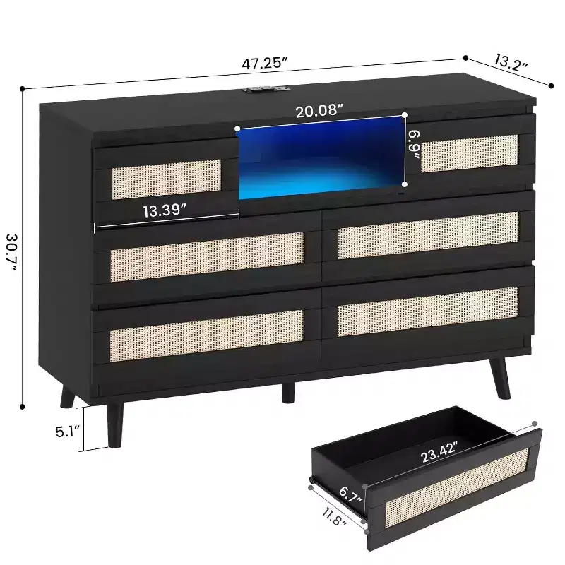 Zstar Rattan 6 Drawers LED Dresser with Charging Station for Closet, Living Room, Hallway