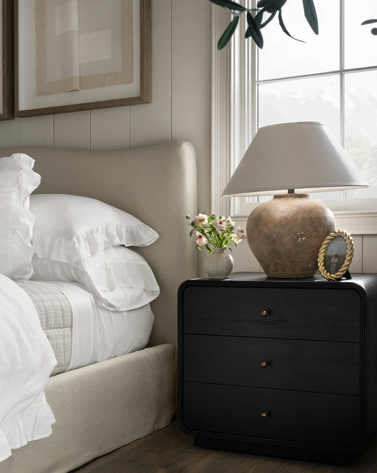 Modern Acacia Nightstand with Soft-Close Drawers & Brass Hardware for Bedroom