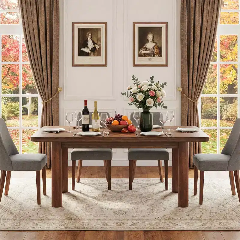 MAYEERTY 63 Brown Farmhouse Dining Table, 4-6 Person Easy Assembly Rectangular Kitchen Table