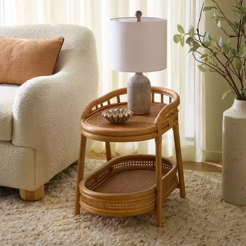 Shayleen Rattan Pole 2 Shelf Accent Table - CWK3023 - Natural - Safavieh Couture