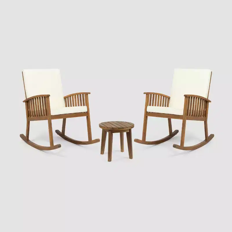 Abbottsford 3pc Acacia Wood Rocking Chairs and Side Table Set - Brown/Cream - Christopher Knight Home: Weather-Resistant Outdoor Seating