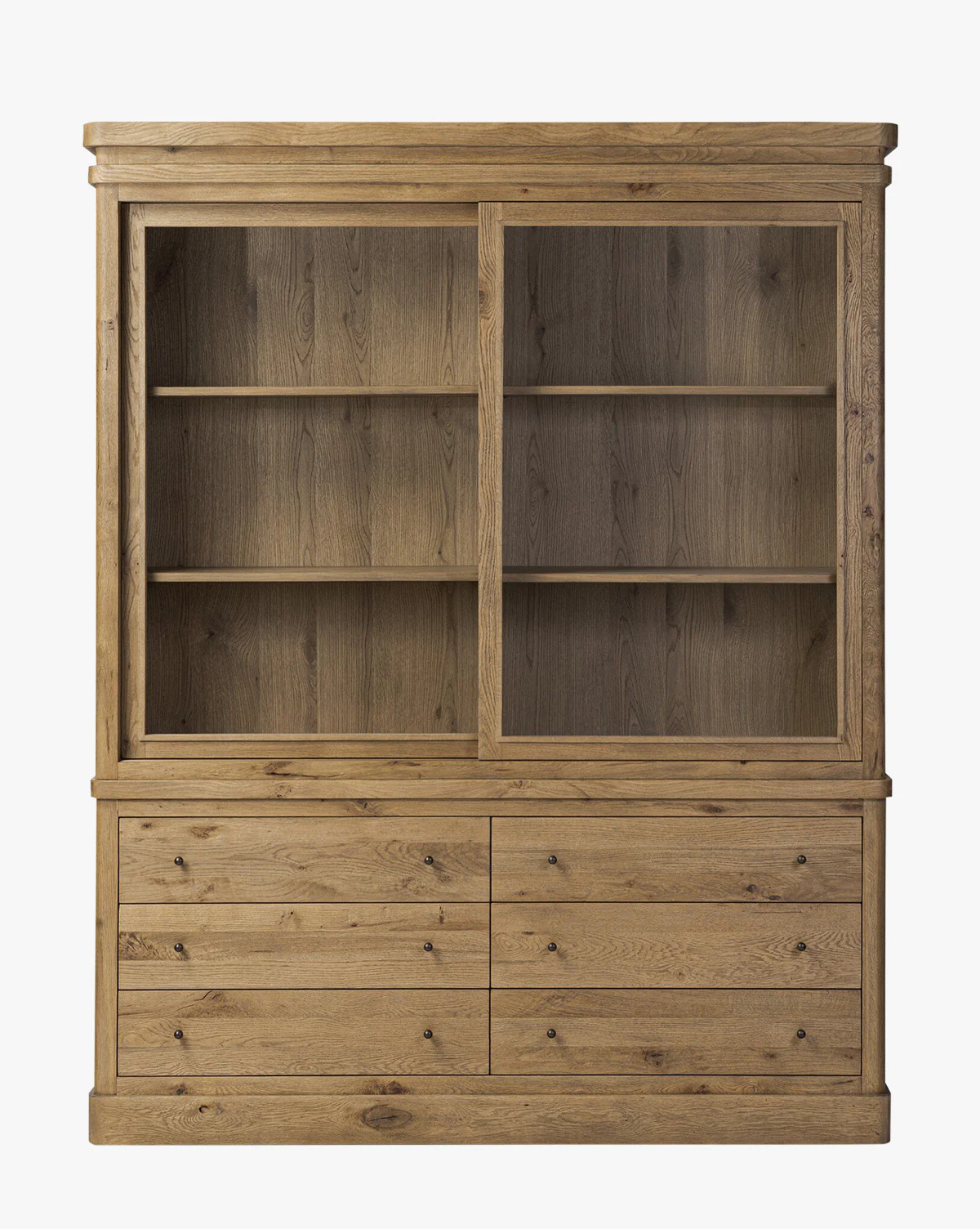 Classic Honey Oak Cabinet with Framed Glass Doors & Generous Drawers for Living Room