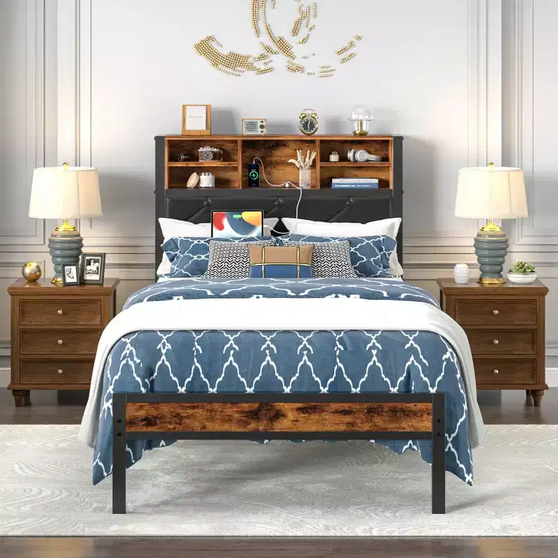 VECELO Twin/Full/Queen Size Metal Platform Bed, Bed Frame with Headboard & Footboard, LED Lights and USB Charging Station, Brown