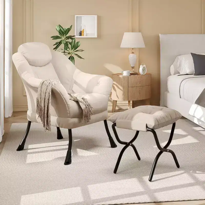 Lazy Chair with Ottoman, Modern Reading Chair, Removable Washable Cover, Ergonomic Support, for Bedroom, Living Room