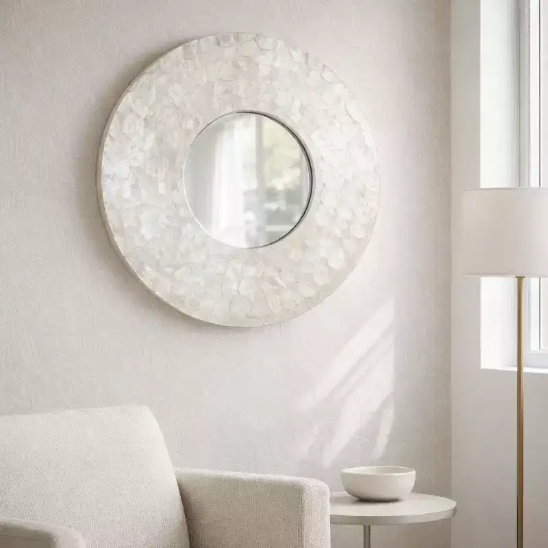 Modern Round Capiz Wall Mirror for Bedroom Decor - Decorative Mirror Frame for Bathroom, Entryway, or Hallway Wall Display - 27, Ivory