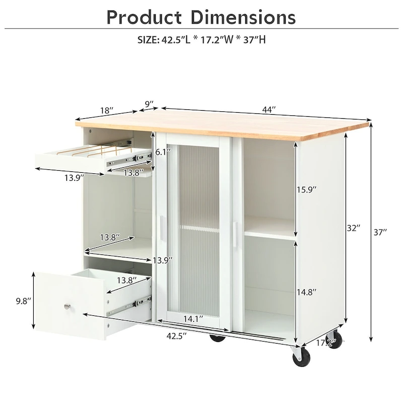 Kitchen Island with Drop Leaf, LED Light