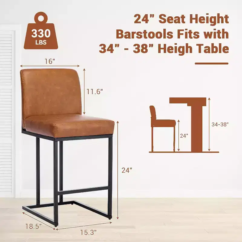 Set of 2 PU Leather Counter Height Bar Stools with Back  24-Inch Metal Frame, Footrest, Comfortable Upholstered Seat  for Kitchen Island, Home Bar
