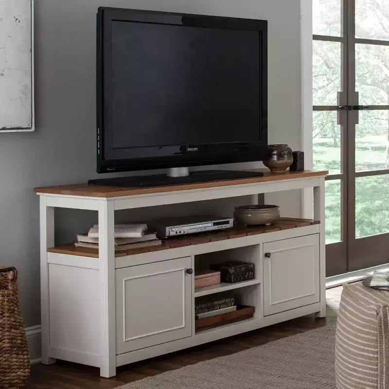 Ivory & Natural Wood TV Stand with Storage, Fits TVs up to 64