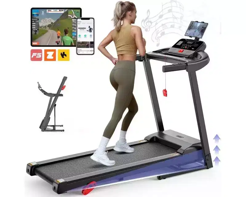 Treadmill on Sale: 3HP Portable Folding Treadmill for Home, 9% Incline, 7.5MPH, LED Display, APP Control, 64 Programs, Bluetooth, Knee braces included