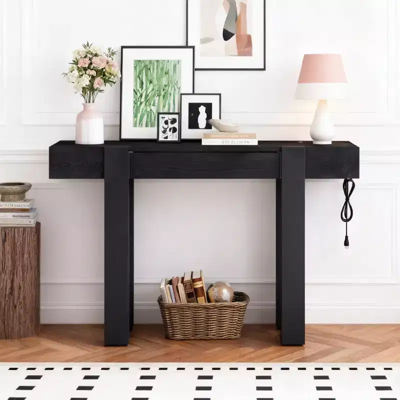 Luxystar Rustic Wood Console Table with Hidden Drawer and Side Power Outlet for Entryways, Living Rooms and Home Offices