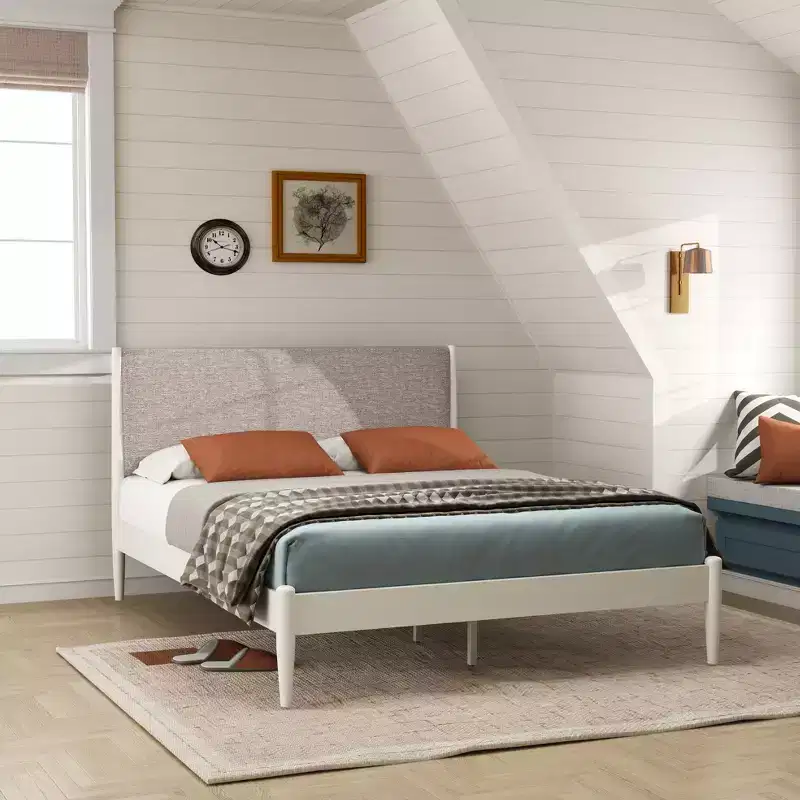 Rubberwood Platform Bed with Upholstered Headboard, Cream White, Queen