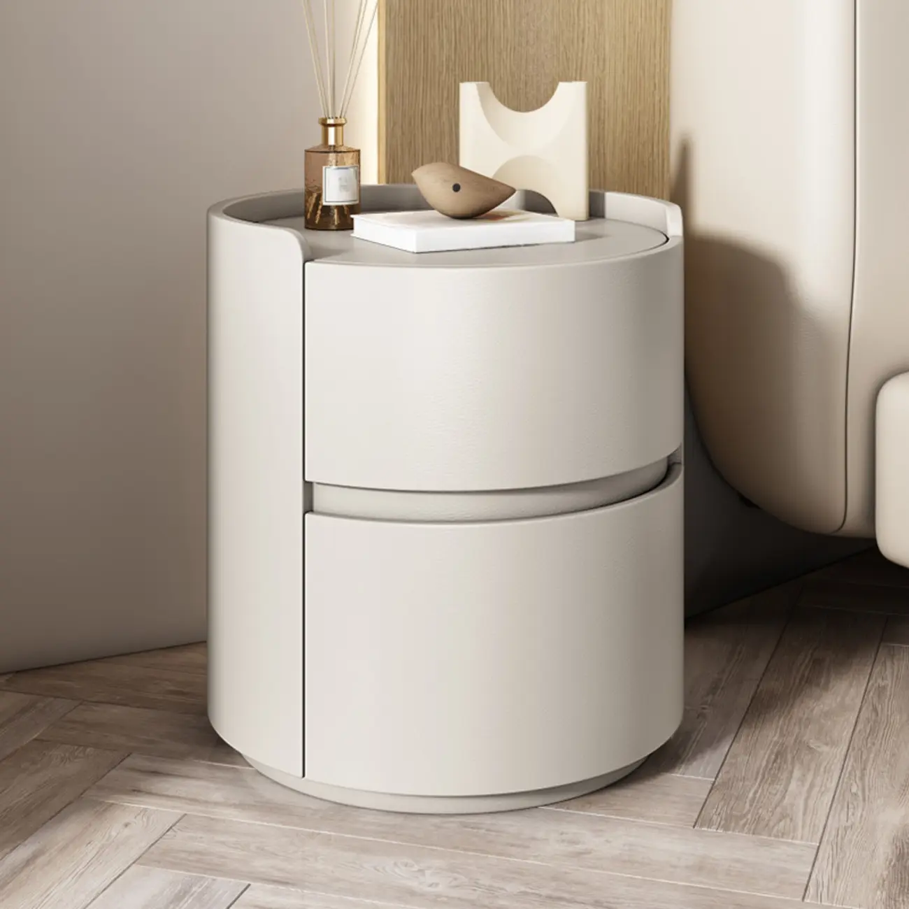 Modern Leather Tray Round 2-Drawer Nightstand