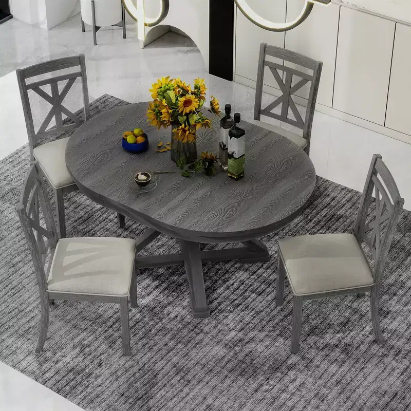 Whisen 5-Piece Extendable Wood Dining Table Set with 4-Upholstered Chairs