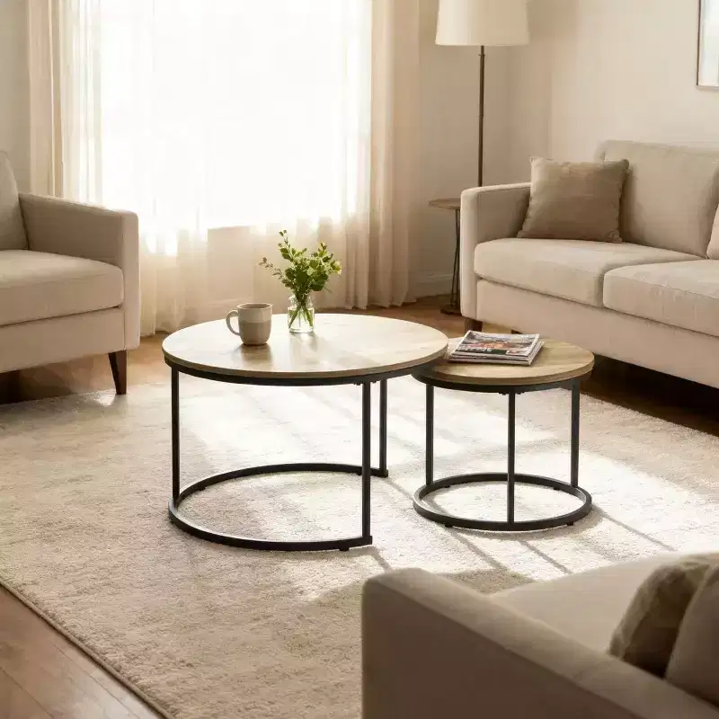 Homy Casa 2-Piece Nesting Coffee Table Set with Round Wood Tops & Metal Frame, Natural Oak